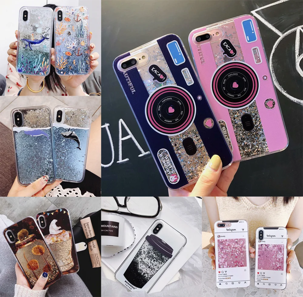 

Liquid Water Case for Huawei P20 Pro Whale Fish Bear Camera Soft Silicone Quicksand Cover for Huawei Honor 7X/7C/8X/9 lite