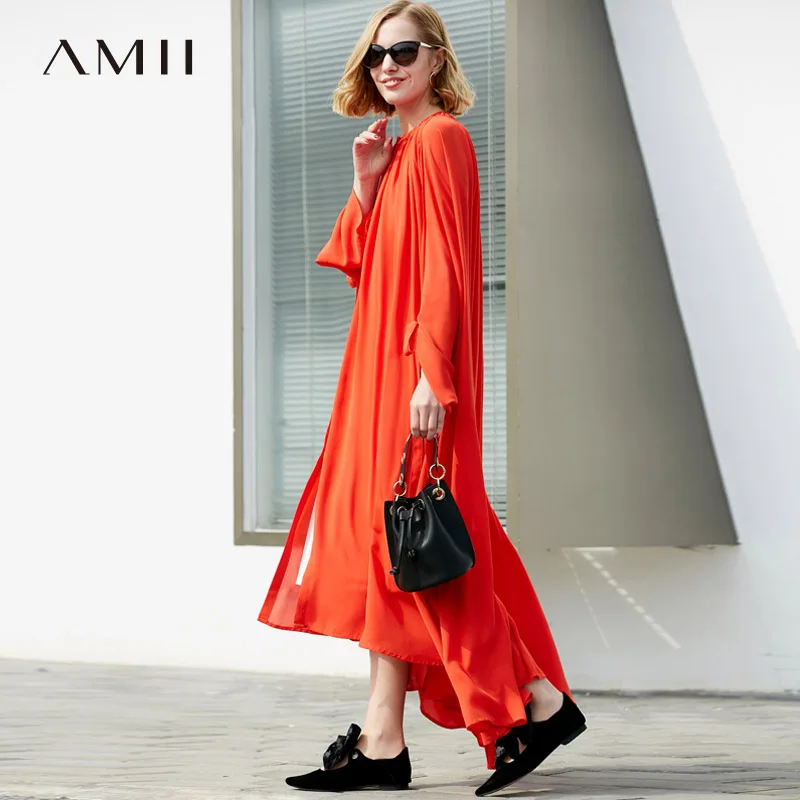 Amii المرأة الحد الأدنى اللباس 2018 الصلبة فانوس كم غير المتماثلة الأشرطة الكاحل طول الإناث فساتين