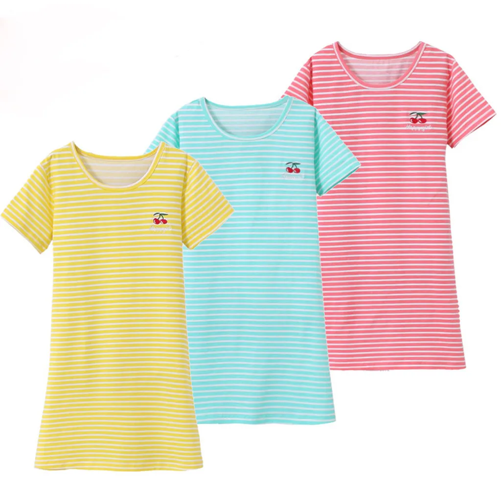 

Fashsiualy 2019 Summer Girl Sleepwear Dress Kids Baby Girl Short Sleeve Stripe Cherry Print Pajamas Sleepwear Nightdress Clothes