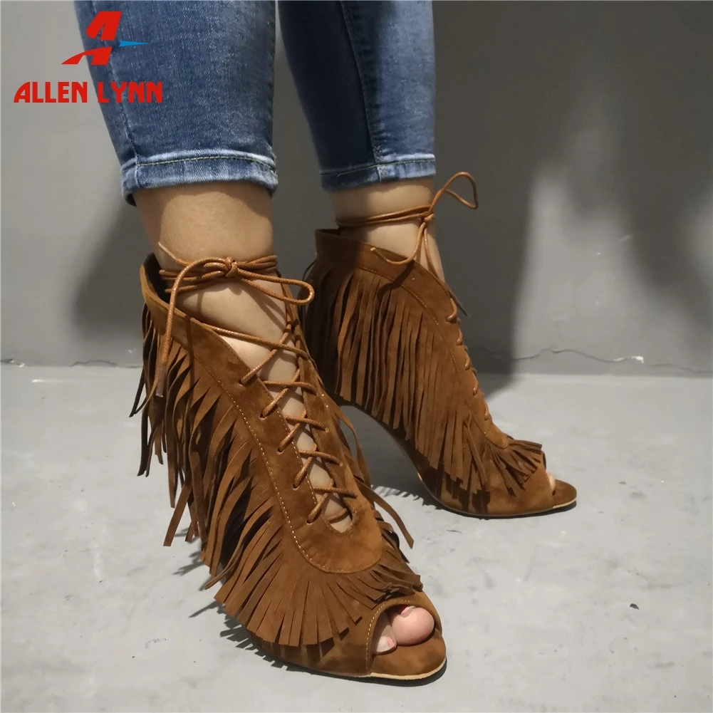 

ALLENLYNN Luxury Fringes Large Size 35-47 Sexy Party Women Shoes 2019 Summer Boots High Heels Shoes Woman Sandals