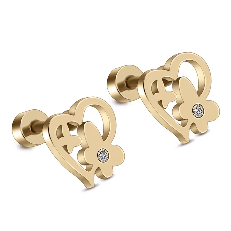 

Hot Sale Stainless Steel Gold/Silver Color Rhinestone Stud Earrings For Women Heart Butterfly Ladies Jewelry Screw Back (A1429)