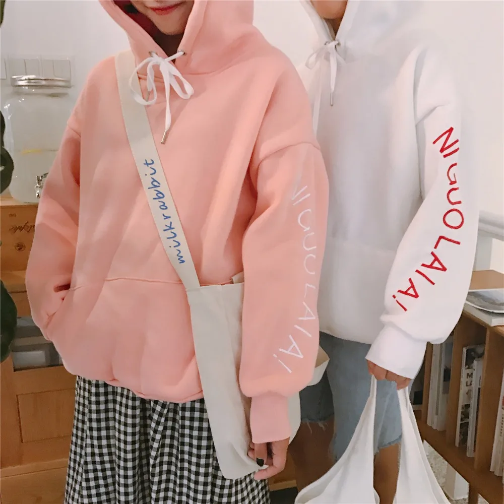 2018 Women's Harajuku Ulzzang Winter Svitshot Alphabet Hoodies Velvet Thick Hooded Embroidery