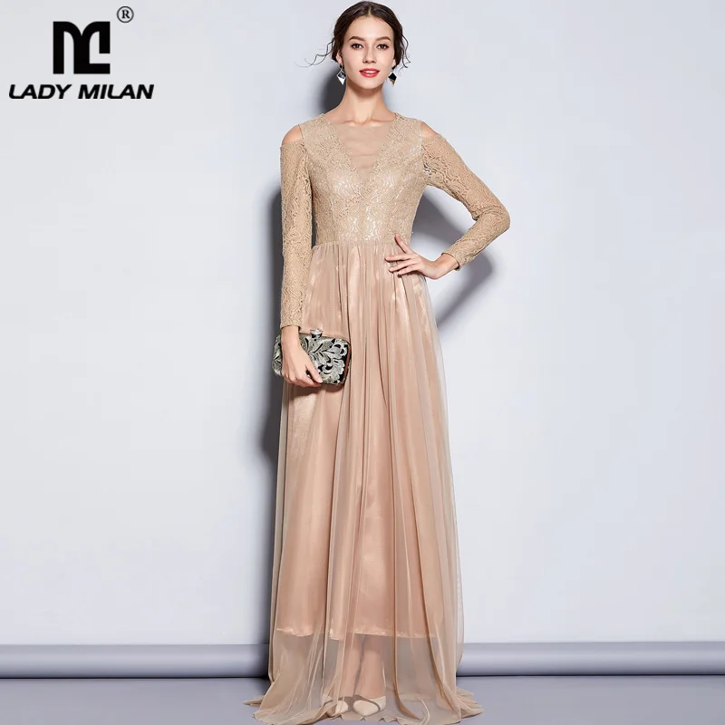 

New Arrival Women's Party Prom O Neck Embroidery Lace Long Sleeves Maxi Designer Runway Formal Fashion Dresses