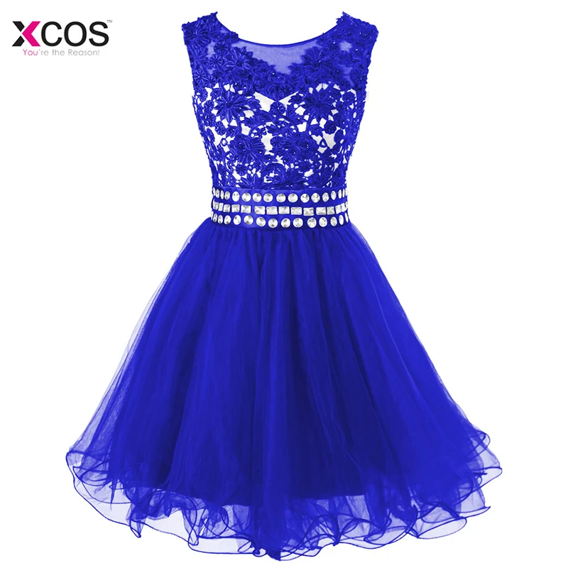 

2018 Royal Blue Lace Appliques Short Homecoming Dress Tulle Knee Length Rhinestone Beaded Ruffle Mini Prom Graduation Party Gown