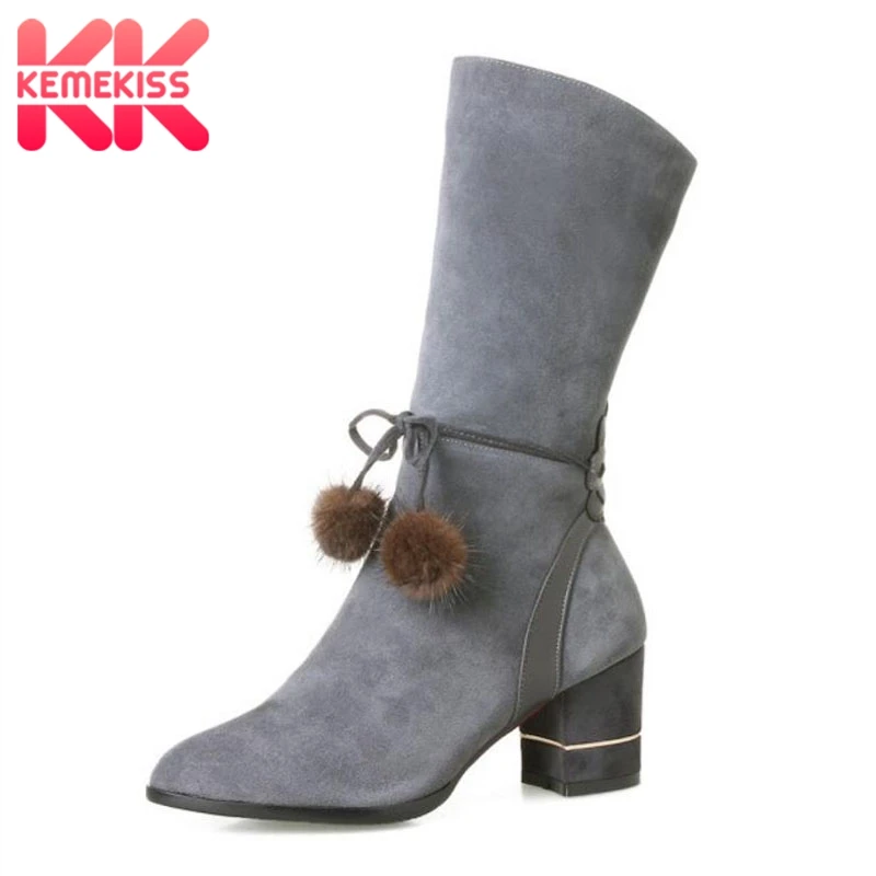 

KemeKiss Size 33-43 Women High Heels Boots Genuine Leather Mid Calf Boots Bowtie Women's Shoes Fashion Warm Winter Footwear