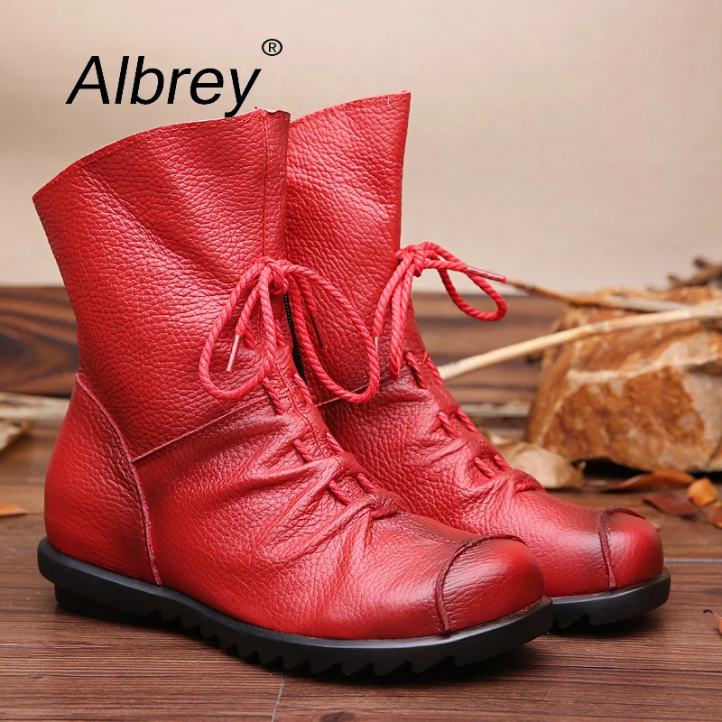 

2019 Women Fashion Vintage Genuine Leather Shoes Female Spring Autumn Platform Ankle Boots Woman Lace Up Casual Flats