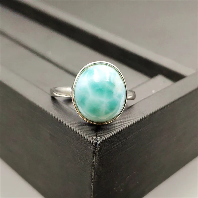 Genuine Natural Larimar Gemstone Ring 14x13mm Stone Adjustable 925 Sterling Silver For Woman Man Fashion Wedding Engagement Ring