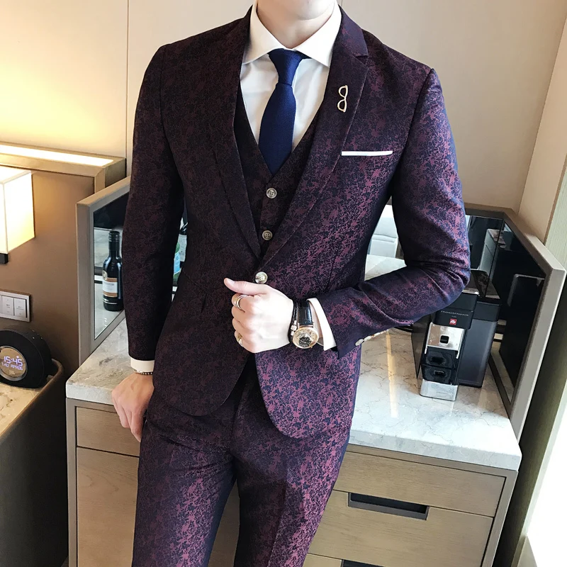 Tuxedo Paisley Jacquard Suit 3XL in Luxury Wine Red for Men's Wedding Costume Vintage British Style with Pants image 3