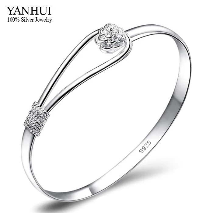 

YANHUI Brand 100% 925 Silver Bracelet Bangle For Women With S925 Stamp Romantic Cherry Flower Sterling Silver Bangle HB075