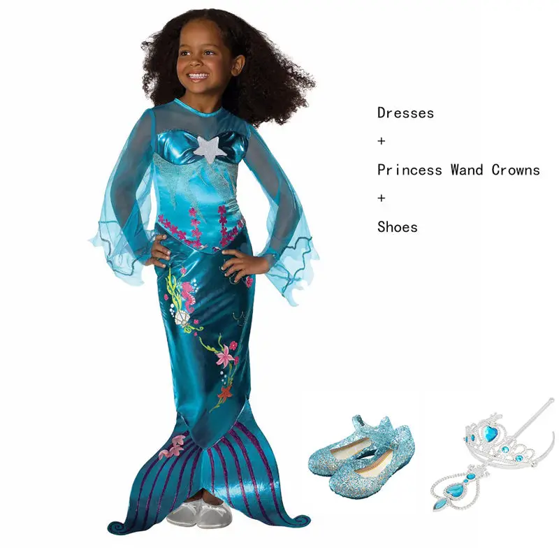Маскарадные костюмы для девочек, Русалочка, Линда, фантазия, менина Ариэль, праздничные платья с жемчугом, Детские карнавальные костюмы на Хэллоуин - Цвет: Blue Dresses 08