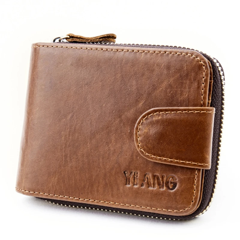 

Oil Wax Genuine Leather Men Short Wallet ID/Credit Card Holder Clip Fashion Casual Coin Key Bag Small Money Zipper Bifold Purse