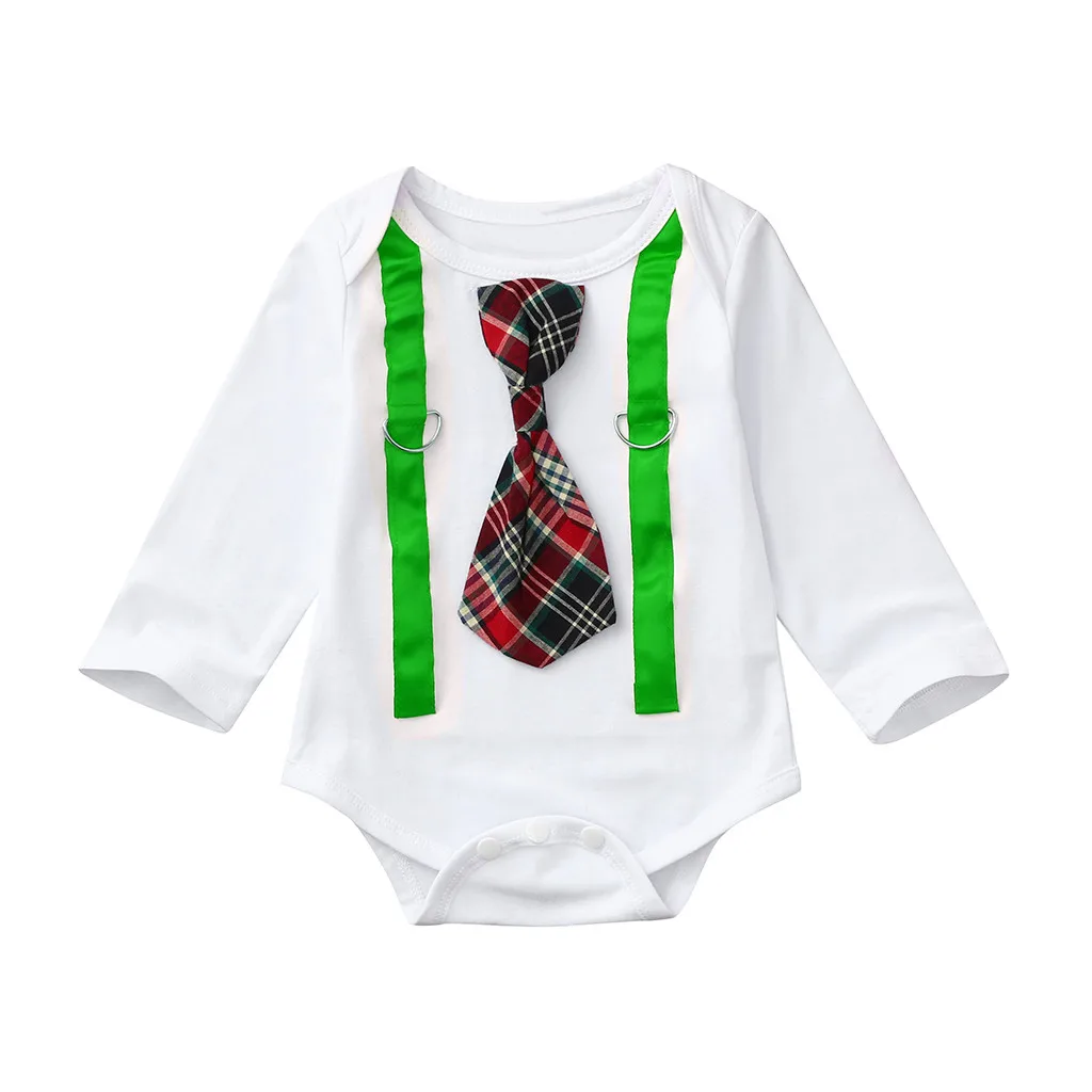 Newborn Baby Boys Patchwork Autumn Romper Clothes Infant Boy Long Sleeve Plaid Tie Gentleman Bodysuit Toddler Kid Fashion Romper - Цвет: Зеленый