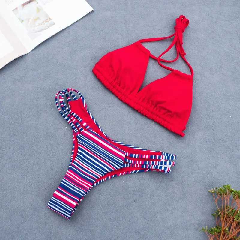 Halter Adjust Bandage Bikini Set Floral Print Plain Swimwear Bicolor Shoulder Bathing Suit Strap Side String Brazilian Cut Halter Adjust Bandage Bikini Set Floral Print Plain Swimwear Bicolor Shoulder Bathing Suit Strap Side String Brazilian Cut