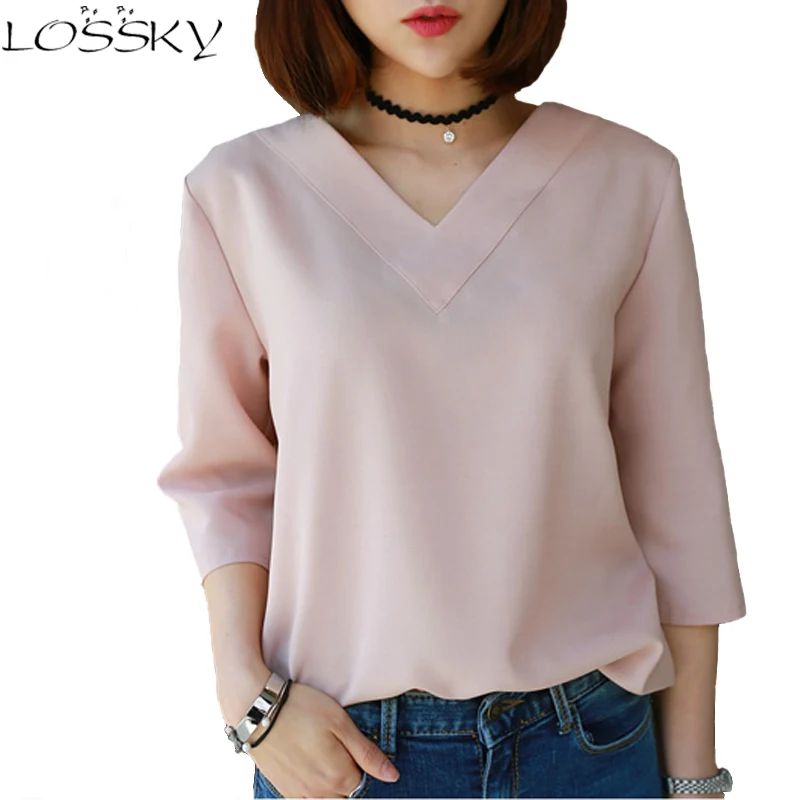 

Chiffon Blouse Shirt Women Fashion Female Clothing Three Quarter Sleeve Shirt Sexy V-neck Summer Office Tops cheap clothes china