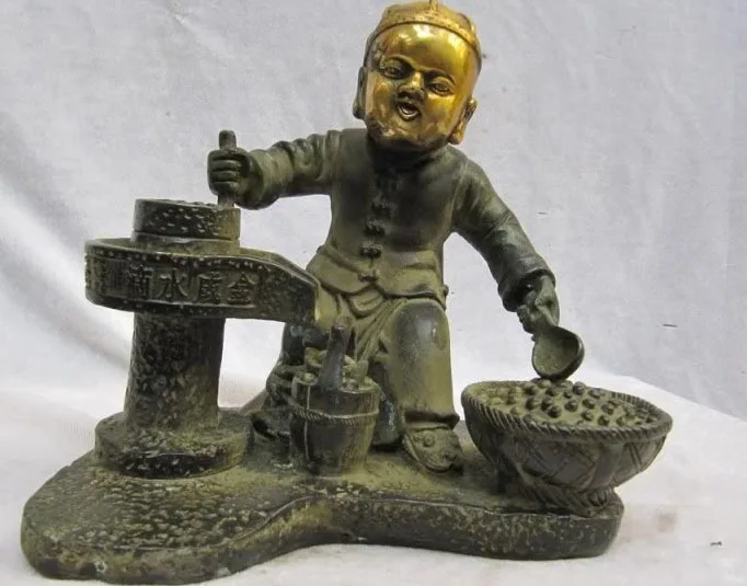 

8 INCH Chinese Folk collection Old Bronze Boy childie push millstones bean curd free shipping