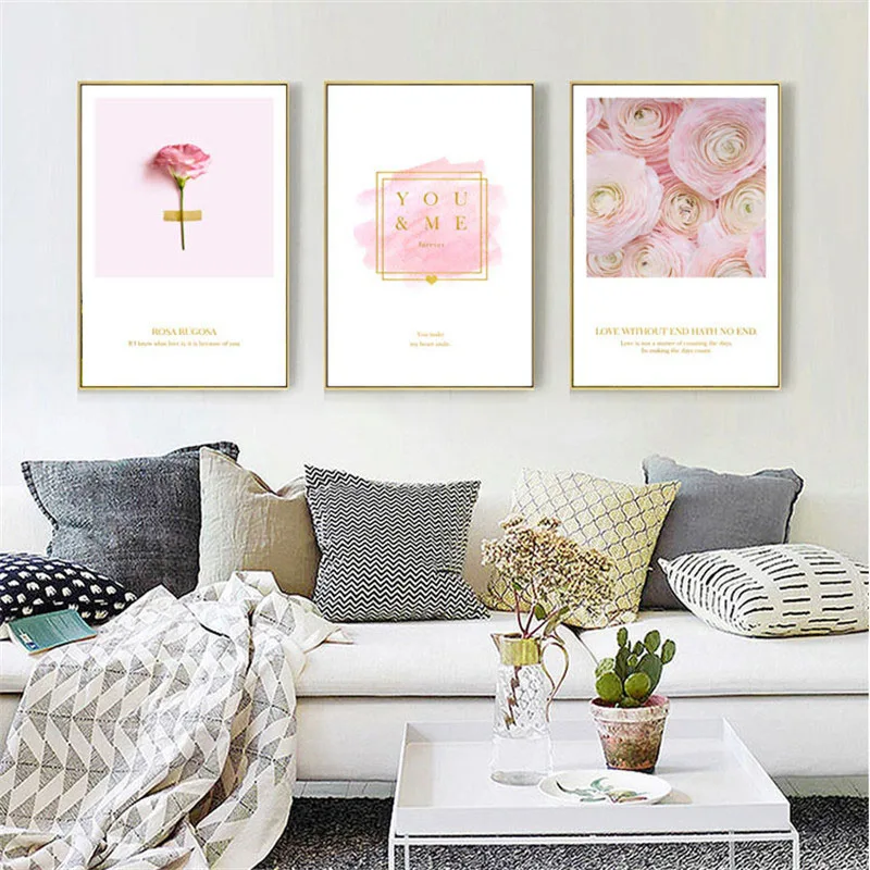 

HAOCHU Nordic Canvas Painting Fashion Pink Flower Text Plant Personality Home Decor Wall Picture For Living Room Poster Mural
