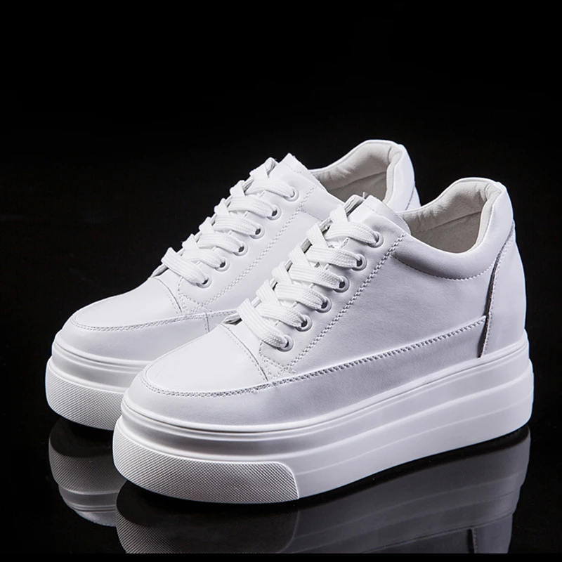 

Women Sneakers Hidden Heel Genuine Leather Lace Up Height Increasing Vulcanized Shoes High Heels Wedges Platform Casual Sneaker