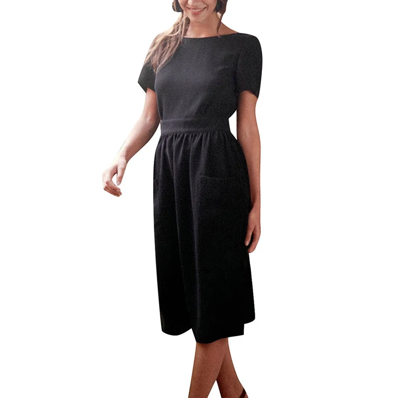 

Women Fashion O Neck Short Sleeve A-Line Dresses Elegant Women Sexy Backless Button Solid Dress Sweet Casual Summer Dress
