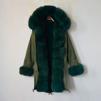 

Eleagnt dark green fur parka fox, rabbit, faux fur inside with real fur collar Mrs long jacket beading Mr furs coat
