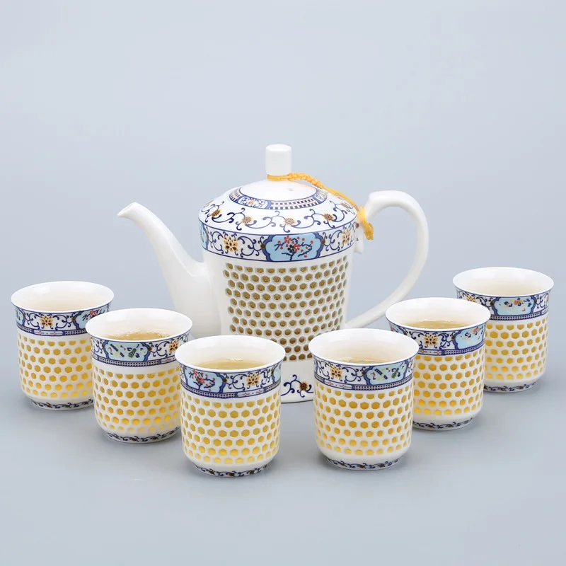 YeFine китайский чайный набор кунг-фу фарфор выдолбленный Креативный дизайн керамический чайник с 6 чайными чашками посуда для путешествий роскошный подарок - Цвет: Style 4