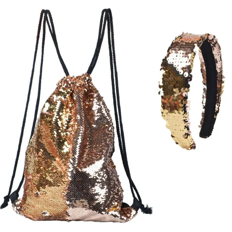 Reversible Sequin Drawstring Bag Cinch Sack Backpack Purses Rucksack + Headwear Set for Kids Girls