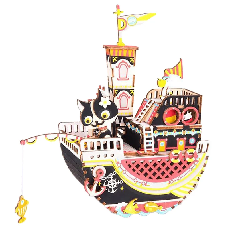 

Robotime Music Box Toy DIY Wood 3D Puzzle Building Kits Cartoon Fishing Kitty Ship Model Creative Crafts Set Kids Toys Cat