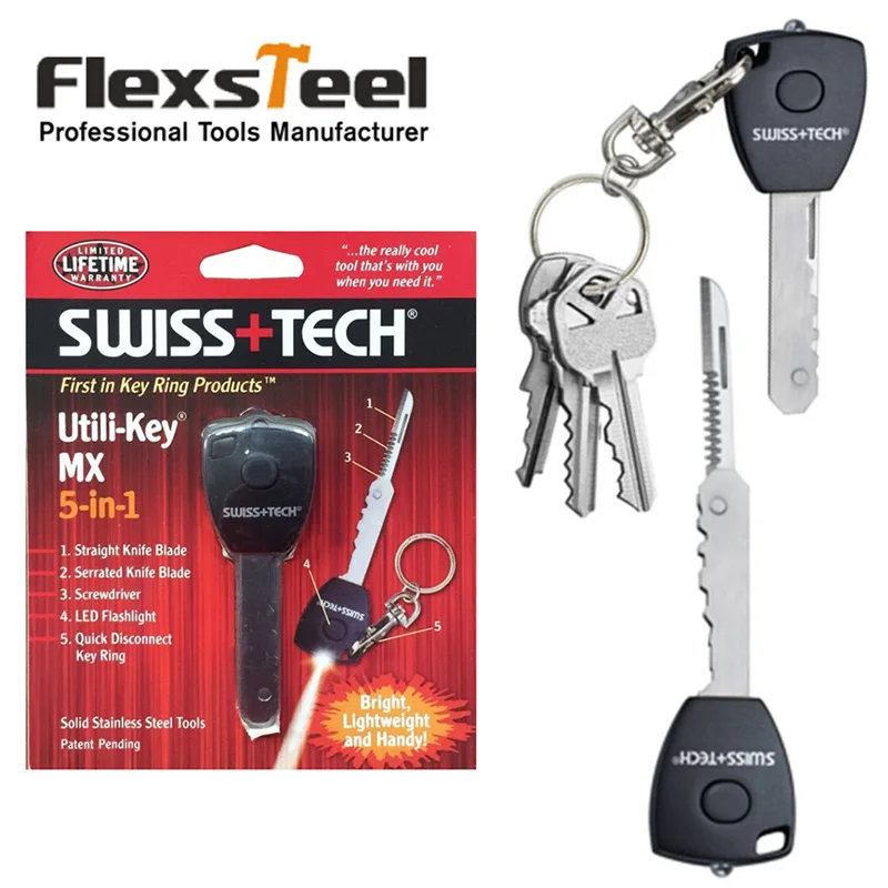 

5 in 1 Utili-Key Key Ring Multi Function Tool with LED Flashlight Screwdriver Knife Cutter Blade