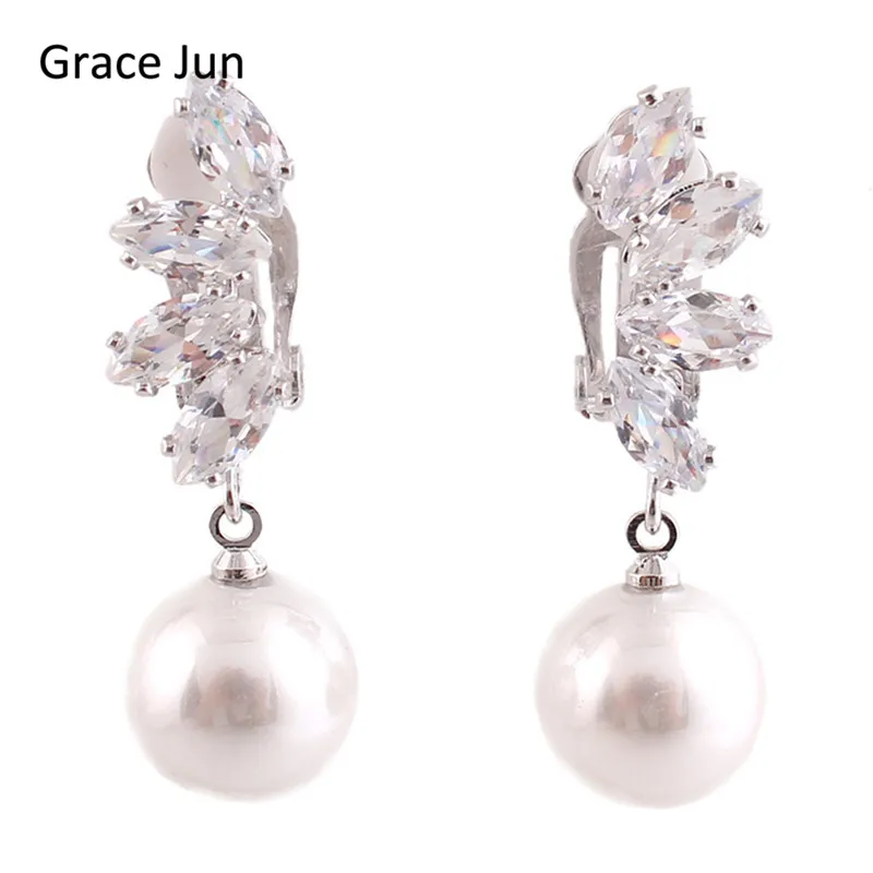 

Grace Jun 2017 New Arrival Bridal AAA CZ Leaves Shape with Simulated Pearl Clip on Earrings Non Piercing for Women Not Allergy