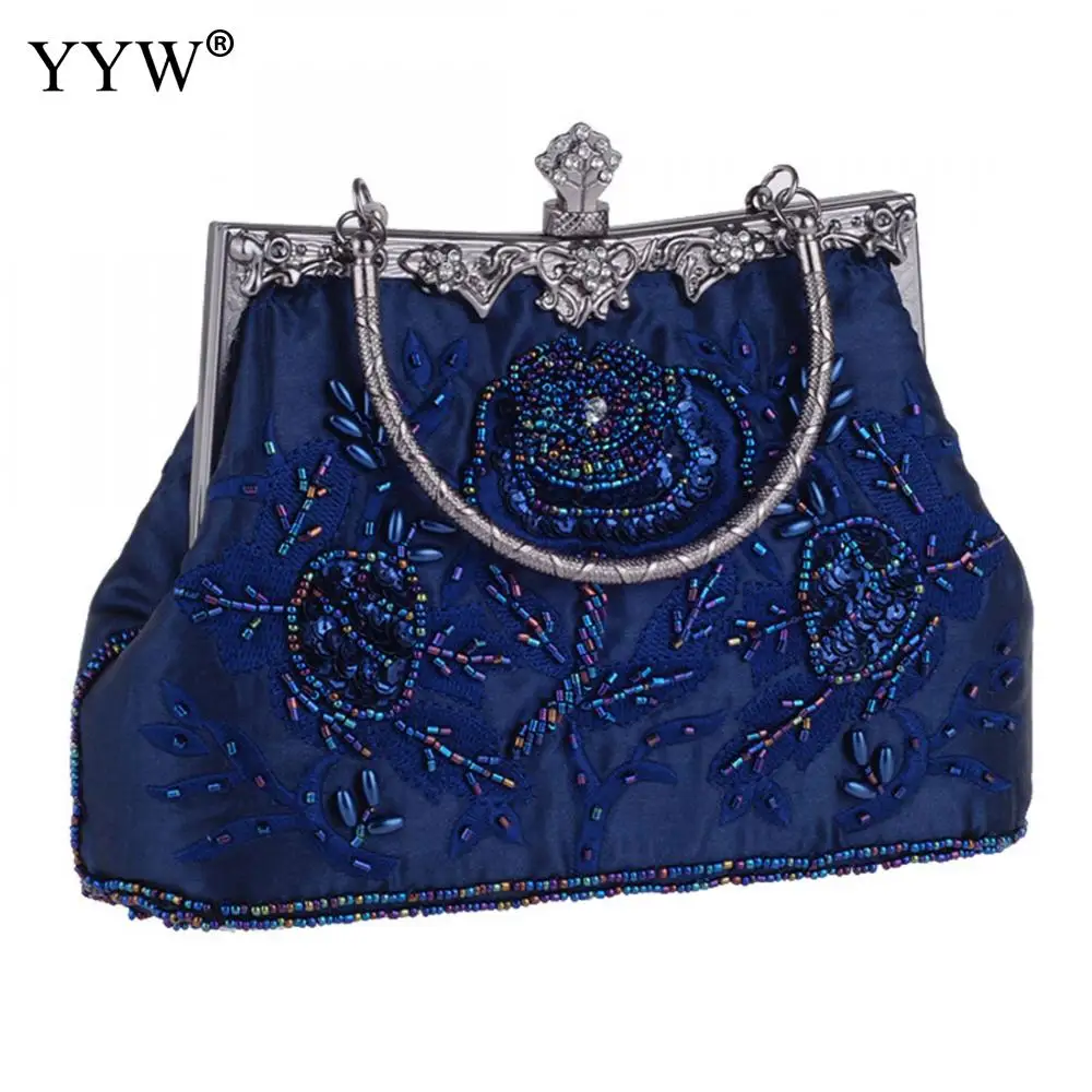 

Silk Elegant Evening Party Handbag Pochette Femme Embroidered Floral Top Handle Hand Bags Cintage Blue Wedding Purse Handbags