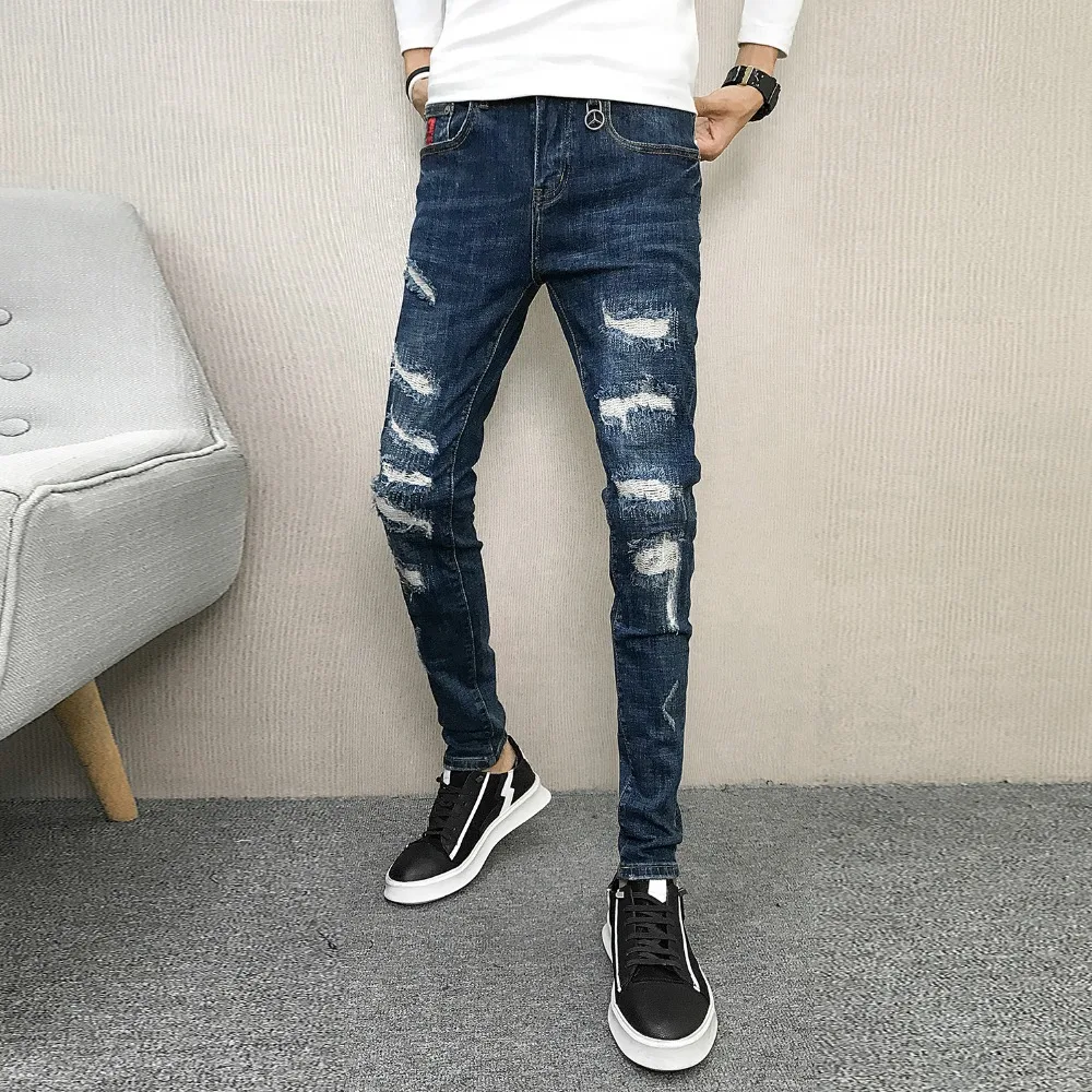 Ripped Jeans Men Spring Autumn Black Blue Hiphop Slim Fit Denim Men Skinny Jeans Pants Cowboys Elasticity Solid Pencil Men Jeans
