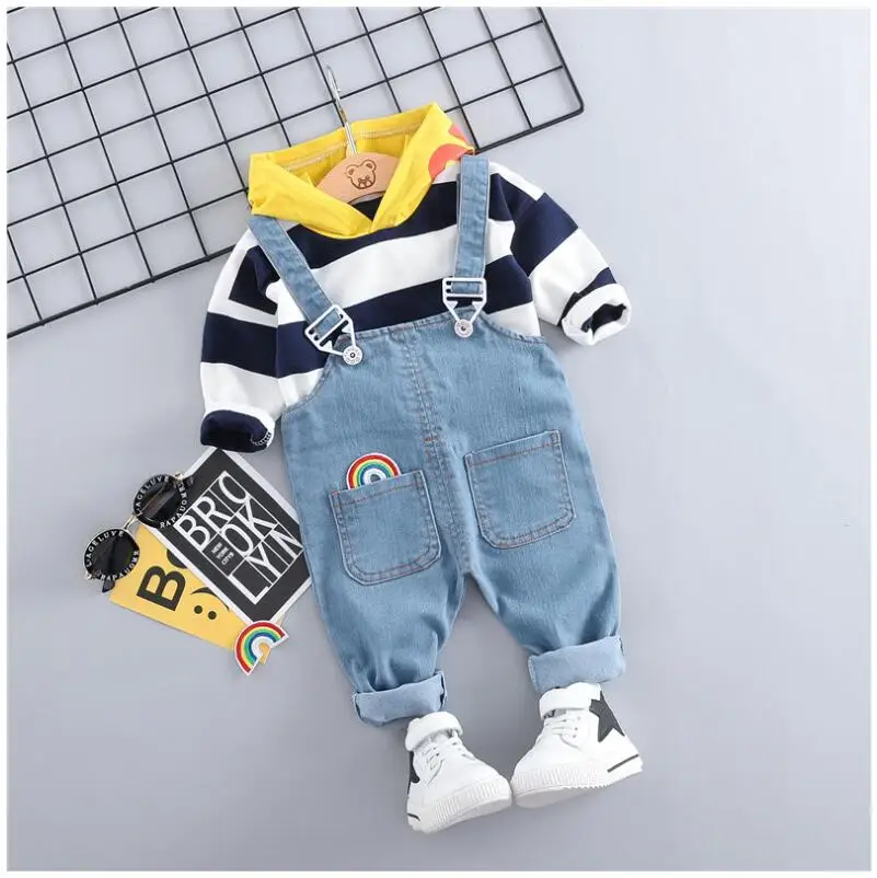 

2019 Autumn Baby Infant Clothing Suits Toddler Girls Boys Clothes Sets Hooded Striped T Shirt Bib Pants Kids Children Costume