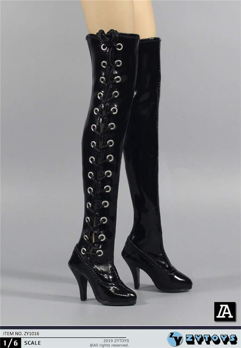 1/6 г. ZY1016 белые и черные высокие женские кожаные сапоги на высоком каблуке 1" коллекция игрушек
