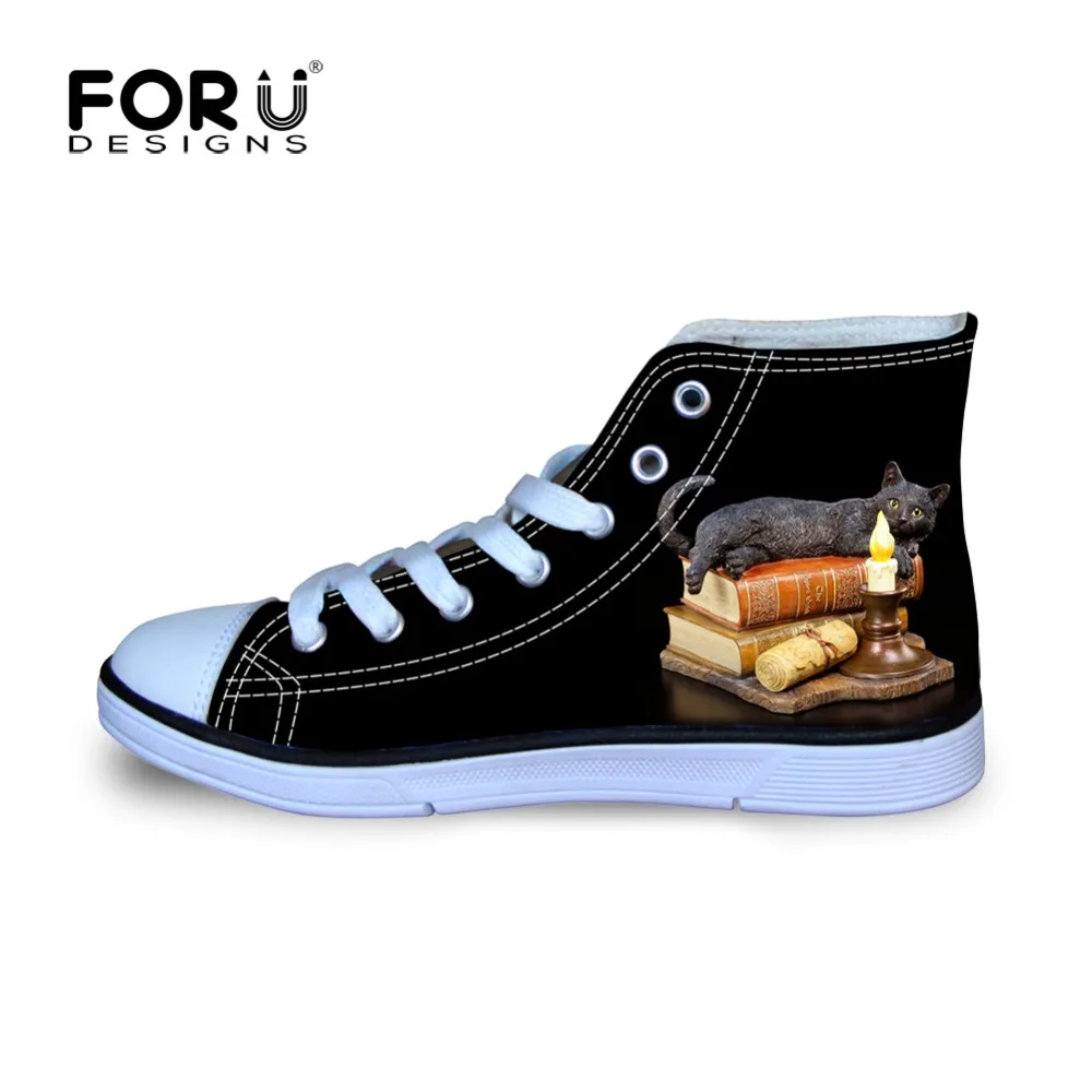 FORUDESIGNS The Witching Hour Witchcraft Black Cat Pattern Children Sneakers for Girls Kids Soccer Shoes High Top Canvas Shoes
