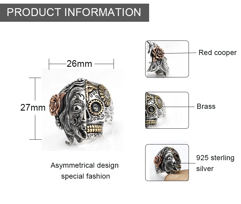 925 пробы, Серебряное мужское кольцо с черепом, два лица, Роза и Подсолнух, дьявол, злые глаза, Ретро стиль, панк, ювелирное изделие для мужчин, женщин, влюбленных