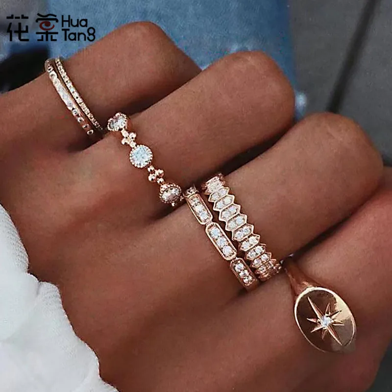 

HuaTang Fashion Gold Color Middle Finger Ring Set Carve Star Geometric Crystal Rings For Women Engagement Ring Anello 6834