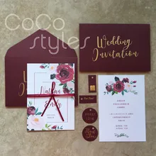 Cocostyles на заказ Изысканная красная Цветочная печать пригласительная карта с золотой фольгой совпадающий конверт для садовых свадебных приглашений