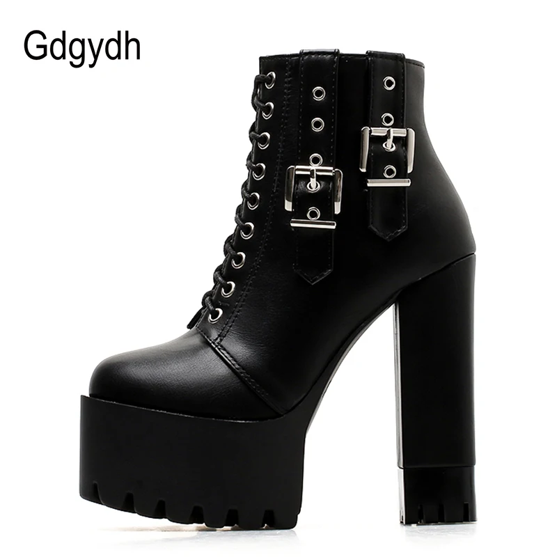 Tanie Gdgydh kobiety sznurowanie szpilki botki platformy buty damskie klamerka do butów okrągłe Toe panie Party buty gumowa podeszwa promocja