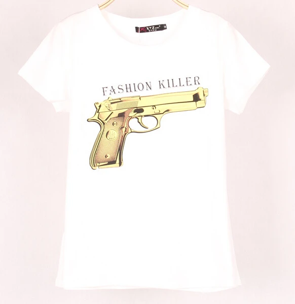 2015 New Arrive Gun Print T Shirt For Women Stretch Cotton Modal Short