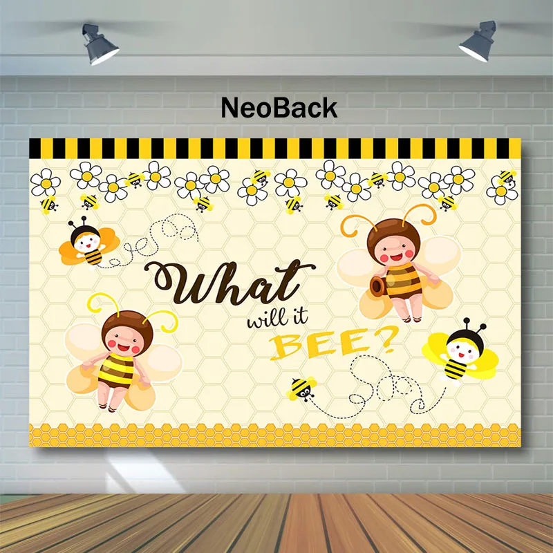 

NeoBack Sweet Bee Children's Birthday Photography Backdrops Cute Bee Baby Shower Background for Photo Elf Yellow Backdrop