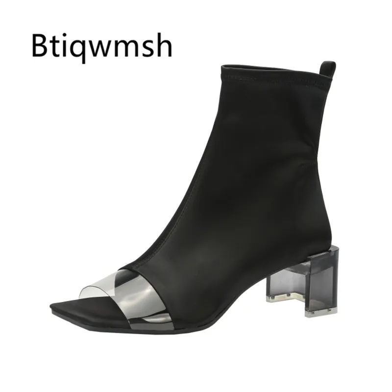 

2019 Chic Satin Sock Boots Women Peep Toe Pvc Transparent Heel Boots Woman Stretch Ankle Boots For Summer