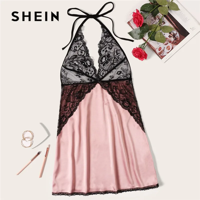 

SHEIN Lady Sexy Solid Contrast Lace Bodice Halter Deep V Neck Satin Night Dress 2019 Summer Sleeveless Pink Women Sleepwear