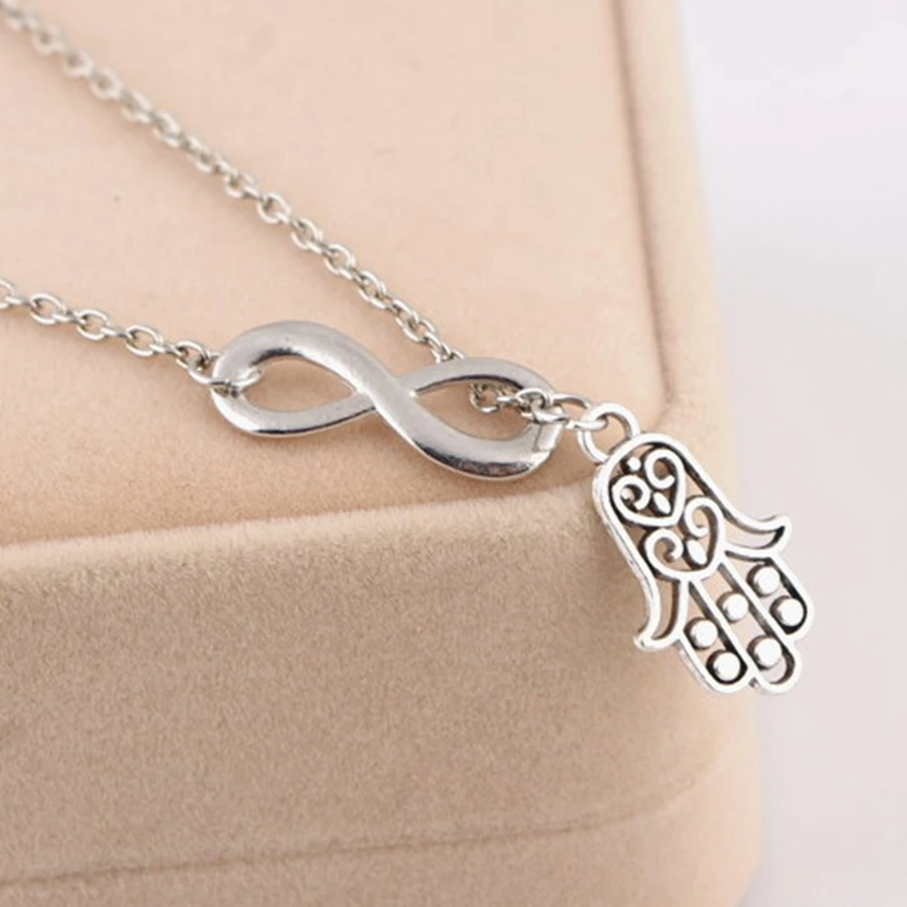 

Vintage Hamsa Hand of Fatima Bead Pendant Charm Ancient Silver Tone Chain Necklace infinite Jewelry For Women Girl