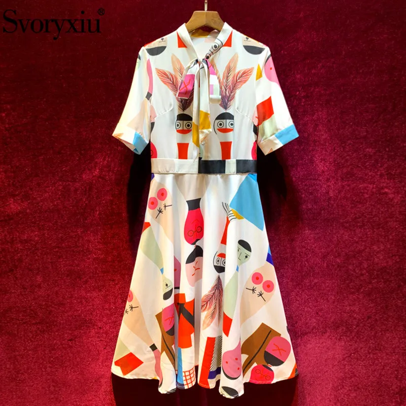 

Svoryxiu Women's Autumn Designer Cartoon Printed White Dress Women's Elegant Half Sleeve Bow Collar Slim Casual Dress Female