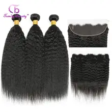 Kinky Em Linha Reta Cabelo Brasileiro Pacotes Com Frontal Do Cabelo Humano Pacotes Com 13x4 3 Orelha a Orelha Fechamento Frontal não-remy navio Livre(China)