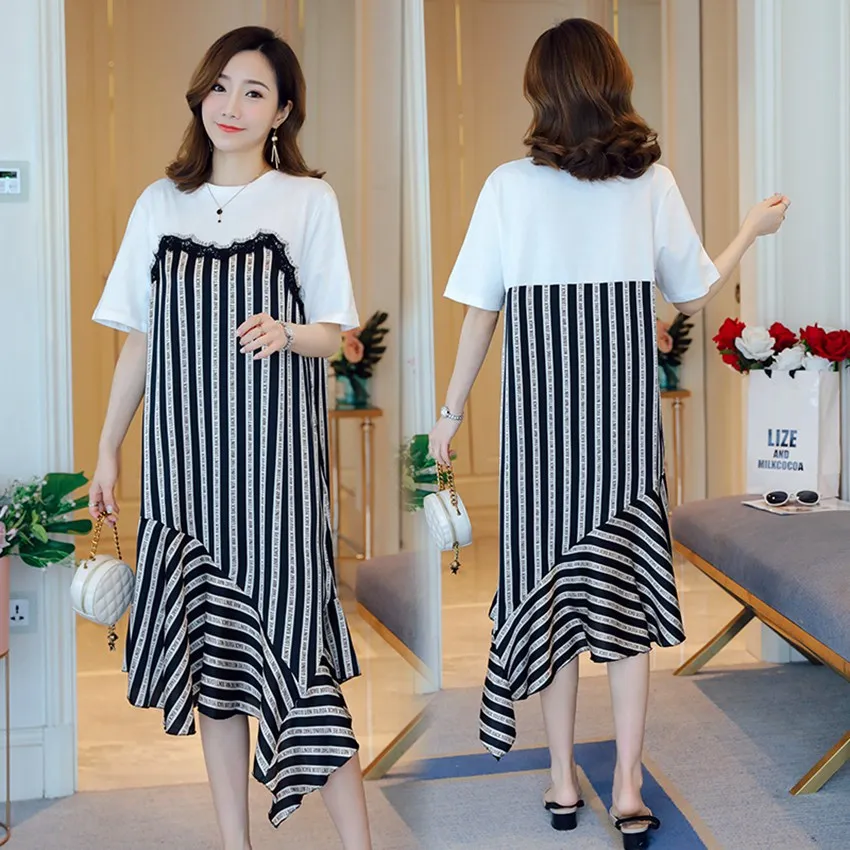

2019 summer new fashion maternity dress casual trend stitching stripes large swing dress Korean version of the pregnancy skirt
