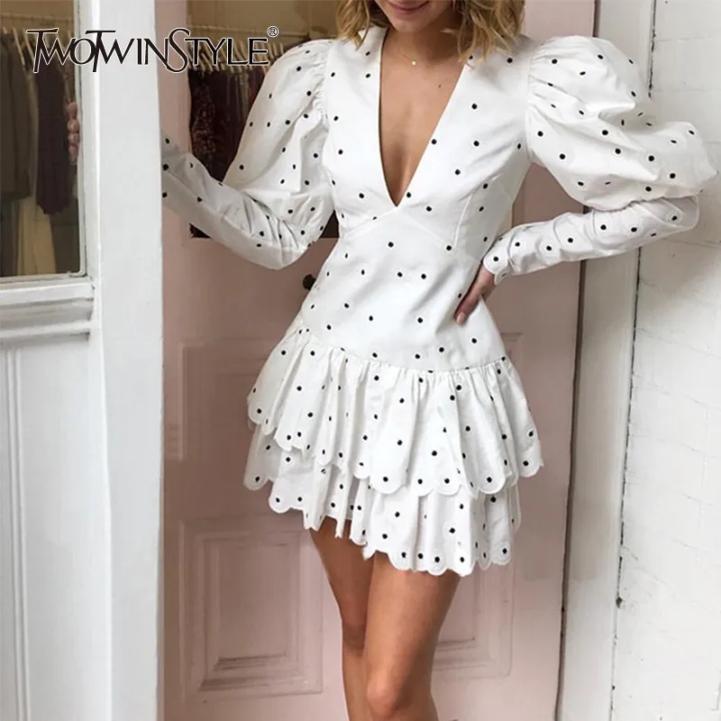

TWOTWINSTYLE Summer Polka Dot Dress For Women V Neck Puff Sleeve High Waist Ruffles Mini Dresses Female Fasihon Clothing 2019