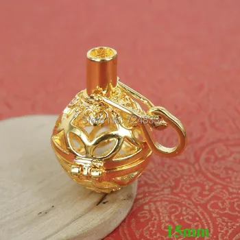 

15mm New Gold tone Round Brass Wish Prayer Box Hollow Filigree Cage Locket Pendant Essential Oil Diffuser Wholesale