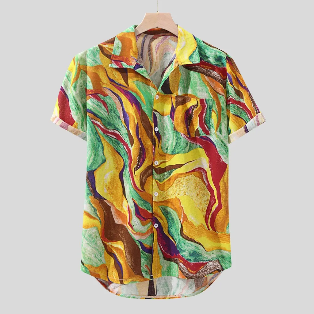 Womail Mens Hawaiian Pocket Short Sleeve Loose Shirts Print Linen Blouse Hawaiian Shirts Cotton Fashion Men Beach Hawaiian Shirt