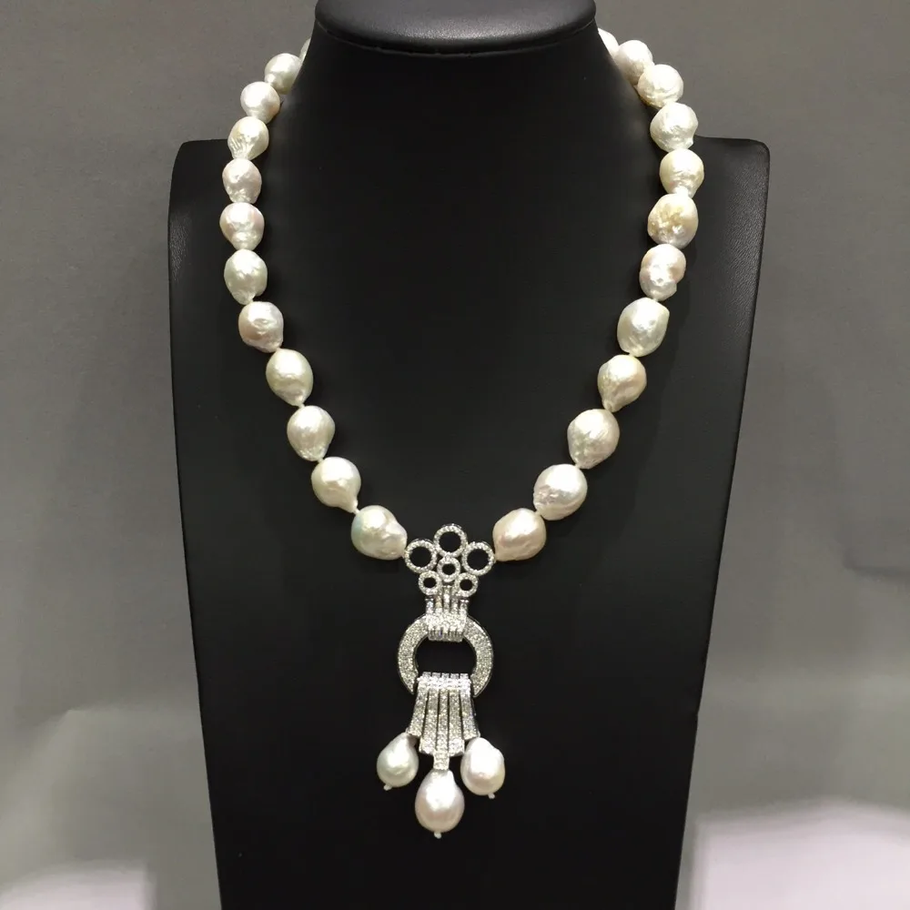 10 13MM Baroque Natural fresh water pearl pendant necklace copper with cbuic zircon fashion