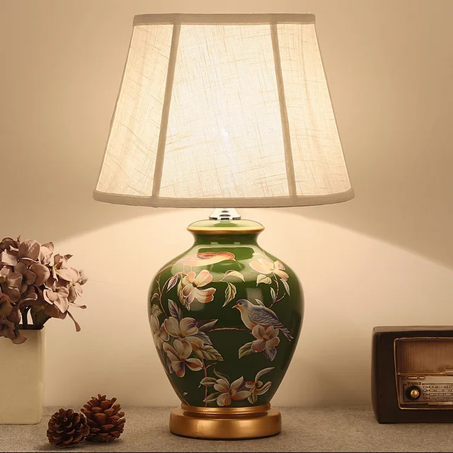 Chinese rural green flower&bird ceramic art Table Lamps Modern fashion